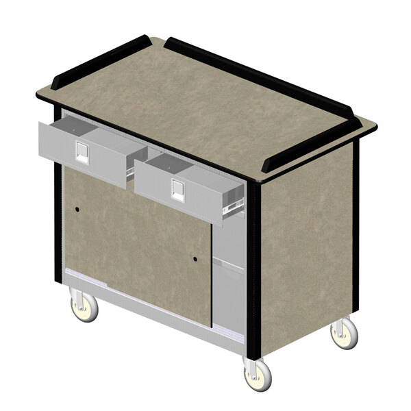 A stainless steel Lakeside beverage service cart with two drawers on wheels.