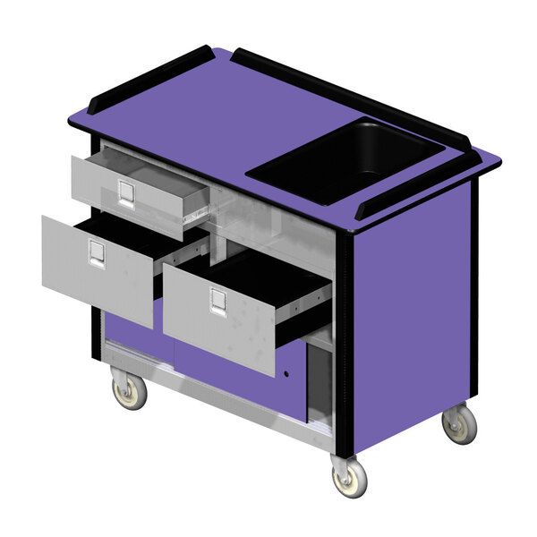 A purple and stainless steel Lakeside beverage service cart with drawers.