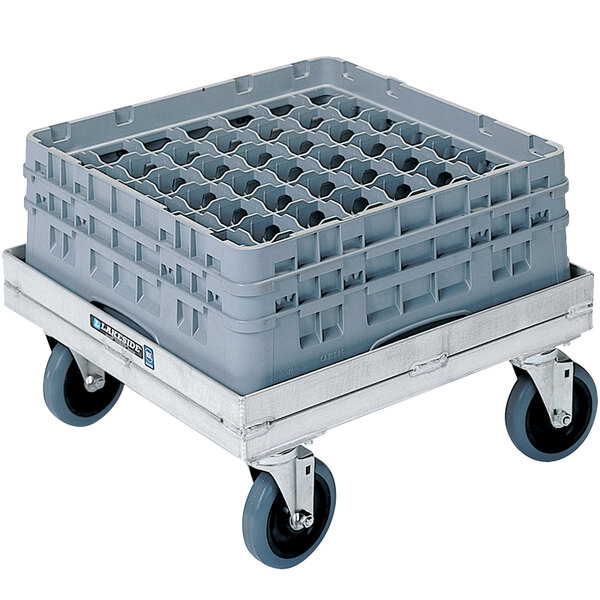 A Lakeside aluminum dish rack dolly with wheels.