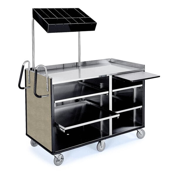 A stainless steel Lakeside vending cart with pull-out shelves and a black top.