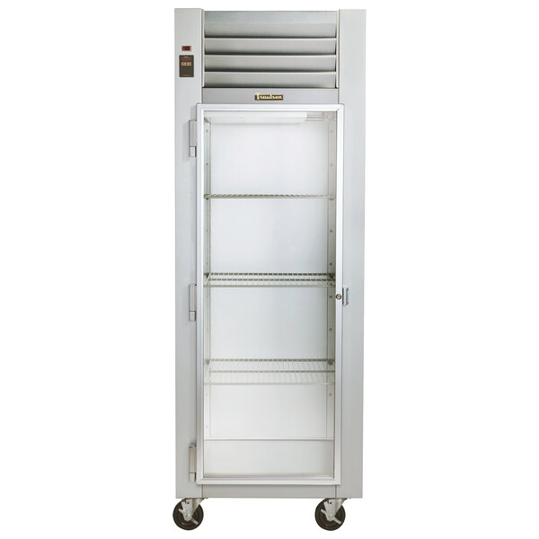 A Traulsen G Series reach-in refrigerator with a left-hinged glass door.