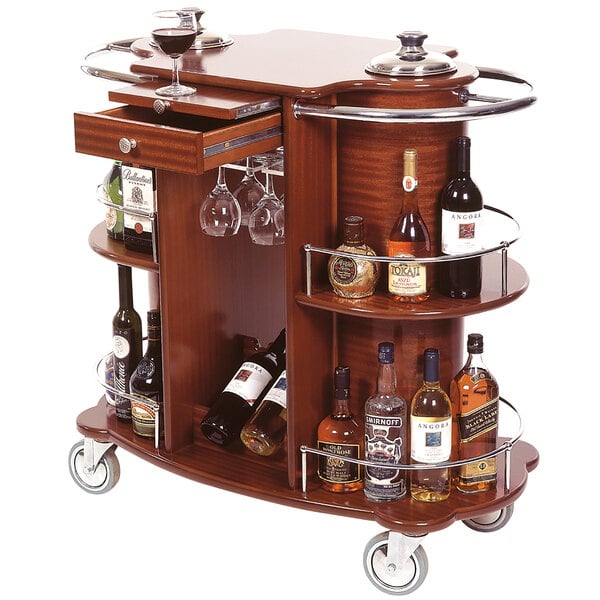 A Geneva Bordeaux veneer serving cart with wine bottles and glasses on it.