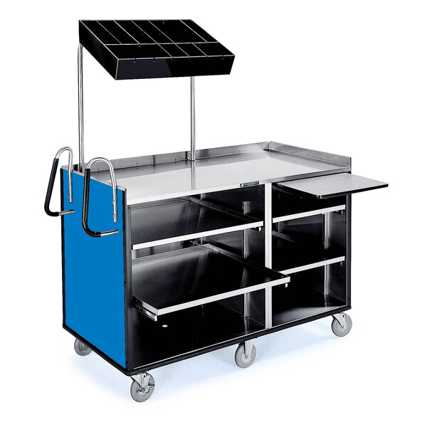 A Lakeside stainless steel vending cart with blue laminate and black shelves and top.