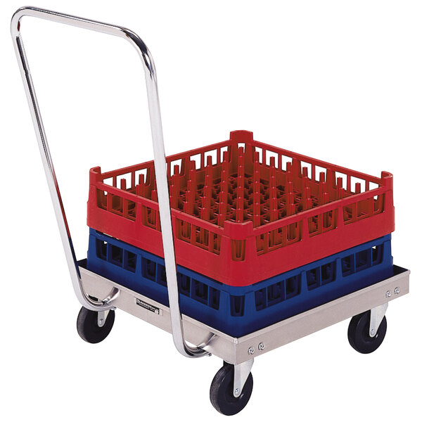 A Lakeside stainless steel cart with red and blue crates on it.