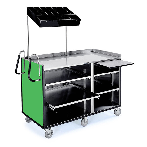 A stainless steel vending cart with green laminate accents and shelves.