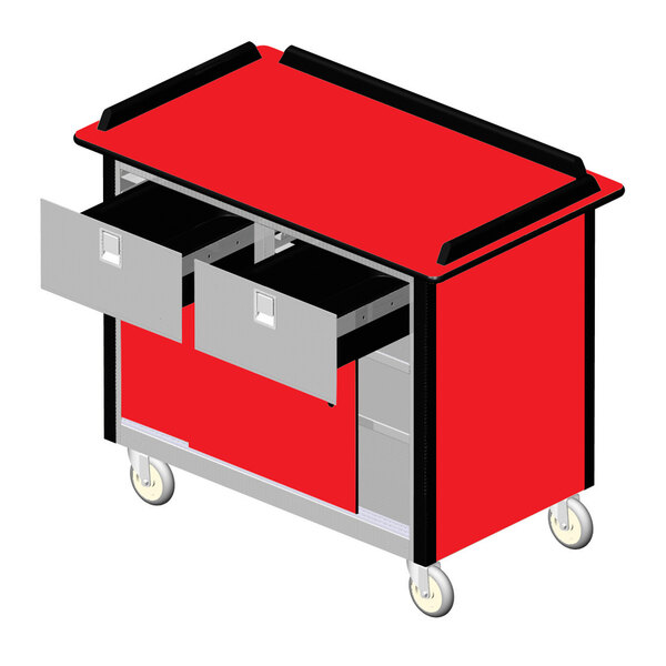 A red and black Lakeside stainless steel beverage service cart with drawers.