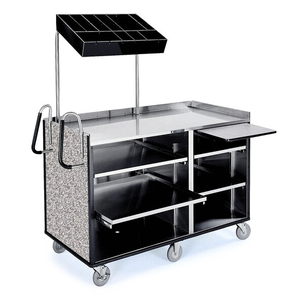 A Lakeside stainless steel vending cart with gray sand laminate shelves.