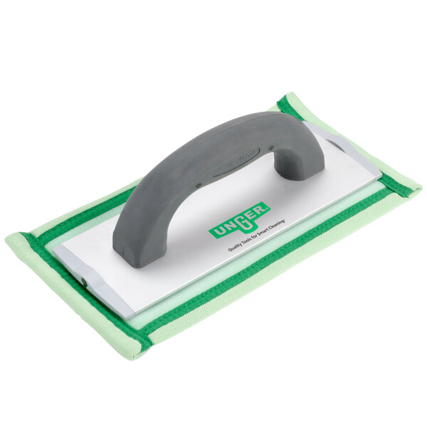 An Unger grey and green aluminum pad holder with a grey handle.