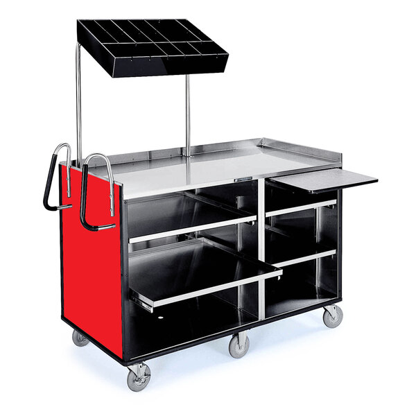 A red Lakeside vending cart with a black top and shelf.