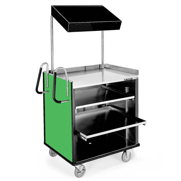 A stainless steel Lakeside vending cart with a green laminate finish.