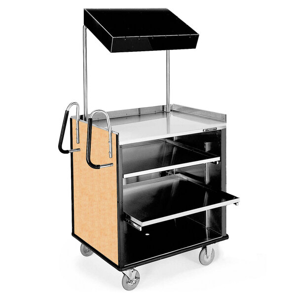A stainless steel Lakeside vending cart with shelves and a handle.