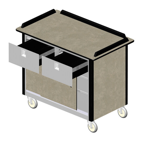 A Lakeside stainless steel beverage service cart with two drawers on wheels.