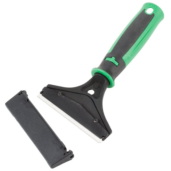 A black and green Unger ErgoTec grill scraper with a green blade.