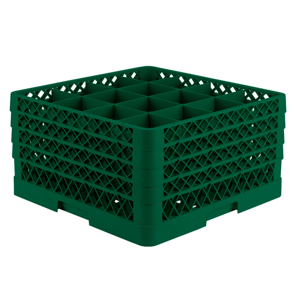 A green Vollrath Traex glass rack with 16 compartments.