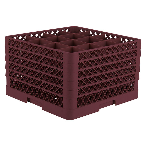 A burgundy Vollrath plastic glass rack with an open rack extender on top.