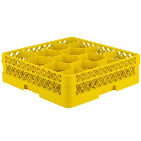 A yellow Vollrath Traex rack with 12 compartments for glasses.