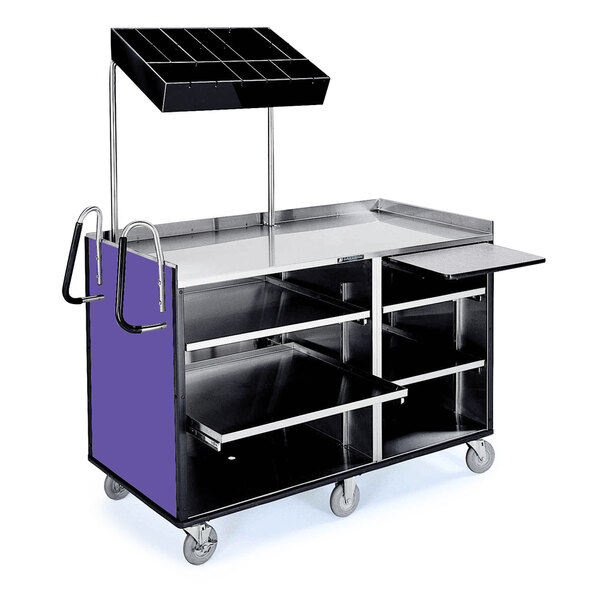 A Lakeside stainless steel vending cart with purple laminate and black and purple accents.