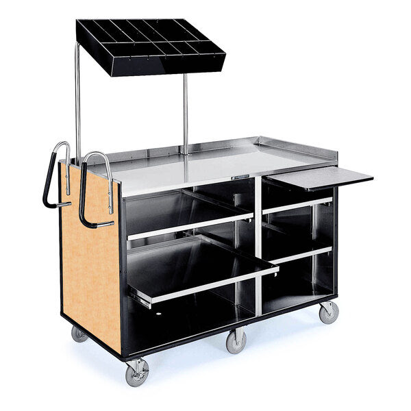 A stainless steel Lakeside vending cart with hard rock maple laminate shelves on wheels.