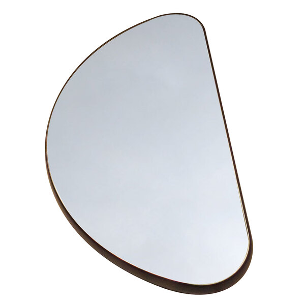 A half round rimless mirror with a wooden edge.