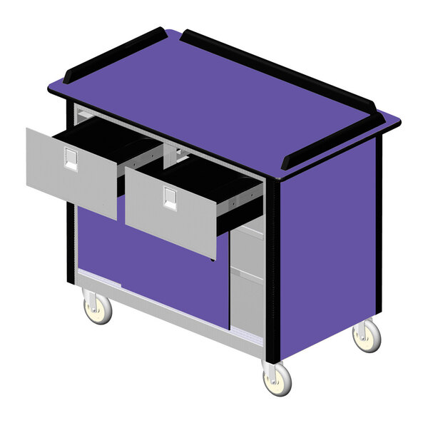 A purple Lakeside stainless steel beverage service cart with drawers.