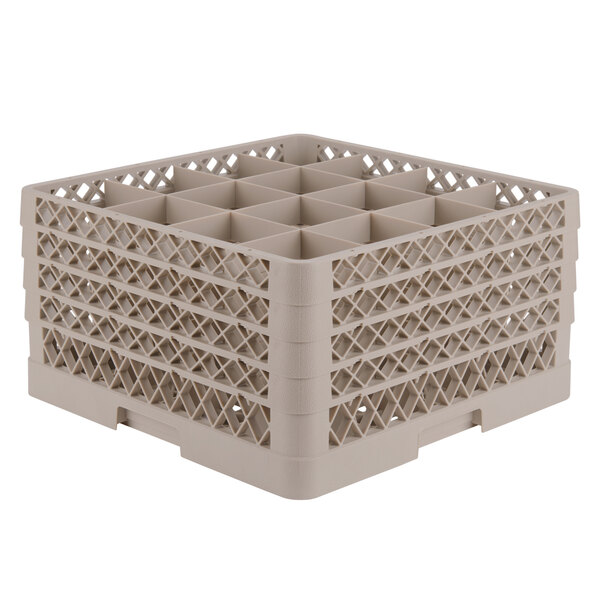 A beige plastic Vollrath Traex glass rack with 16 compartments and an open rack extender on top.