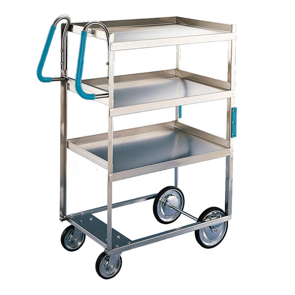A Lakeside stainless steel three shelf utility cart with blue handles.