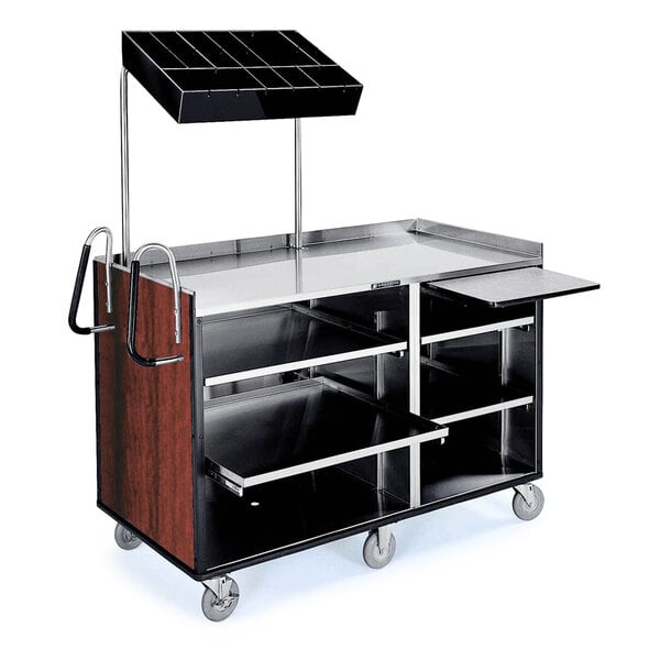A Lakeside vending cart with shelves on wheels and a red maple laminate finish.