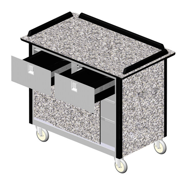A Lakeside stainless steel beverage service cart with gray sand laminate finish and two drawers.