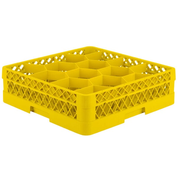 A yellow Vollrath Traex glass rack with 12 compartments.