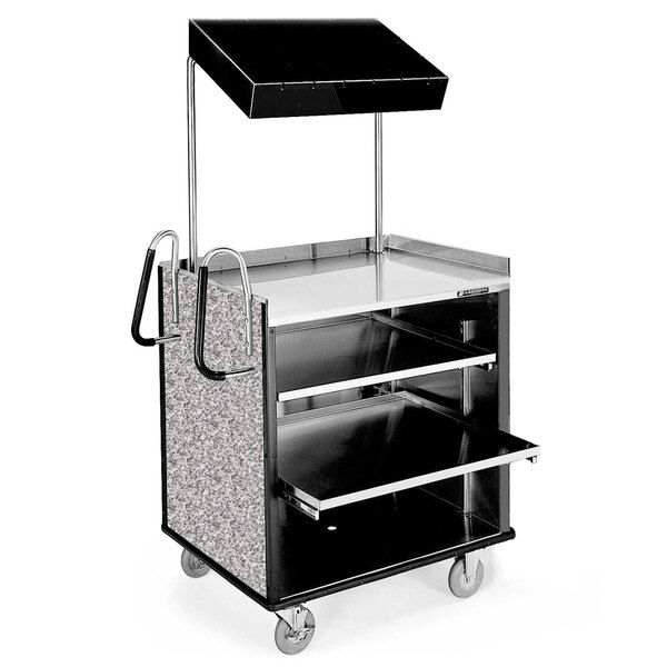 A stainless steel Lakeside vending cart with a gray sand laminate shelf.