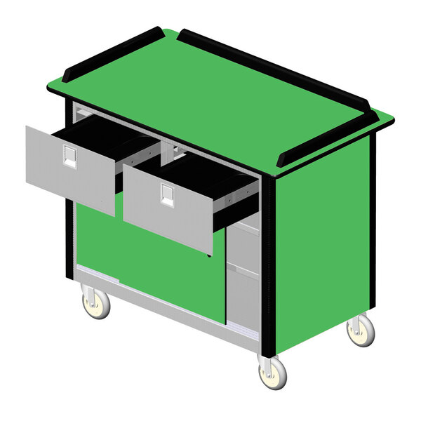 A Lakeside stainless steel beverage service cart with green laminate finish and two drawers.