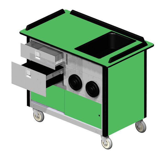 A Lakeside stainless steel kitchen cart with green laminate finish and two drawers.