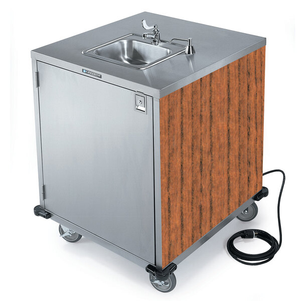 A Lakeside stainless steel self-contained hand sink cart with a wood grain finish.