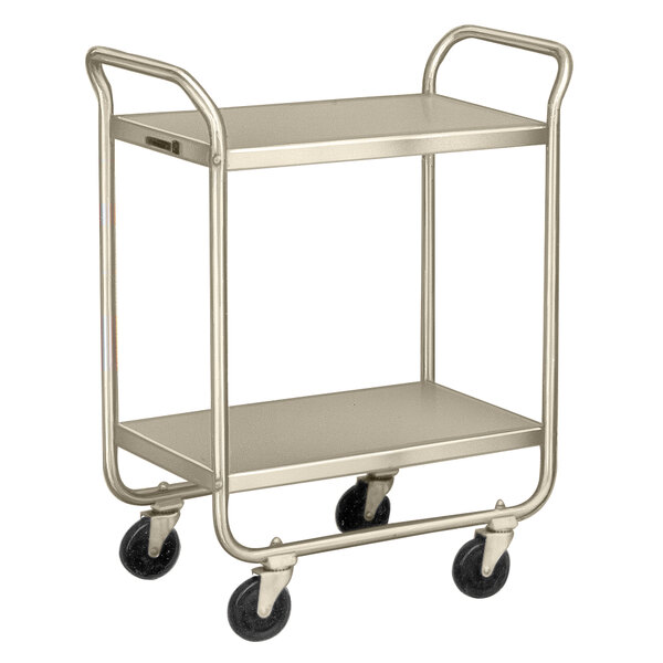 A silver Lakeside two shelf utility cart with black wheels.