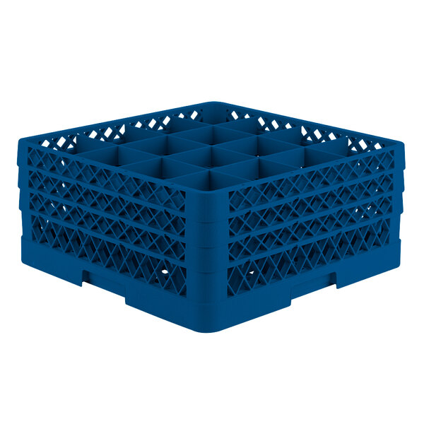 A blue plastic Vollrath Traex glass rack with 16 compartments.