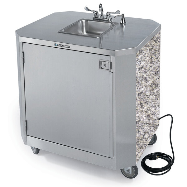 A Lakeside portable stainless steel hand sink on wheels.