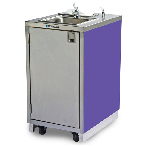A stainless steel Lakeside portable hand sink with a purple door.