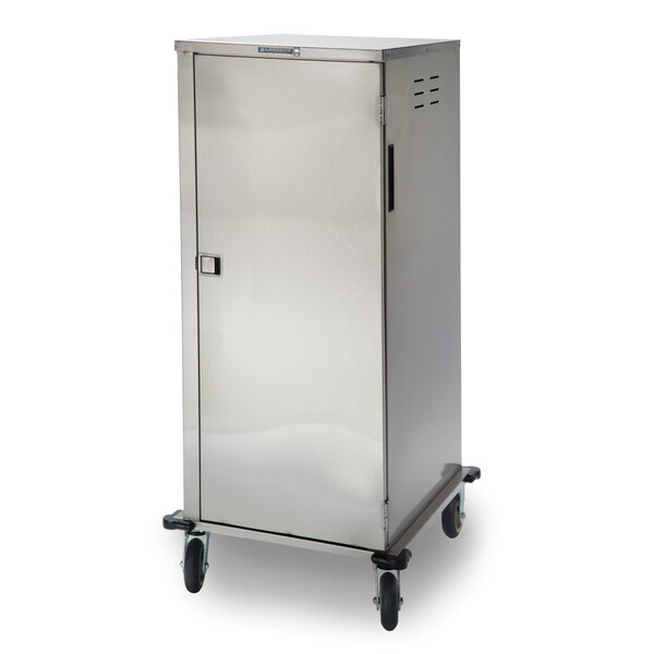 A stainless steel Lakeside tray cabinet on wheels.