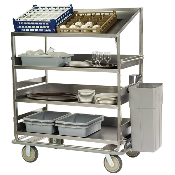A Lakeside stainless steel dish breakdown cart with trays of dishes and plates.