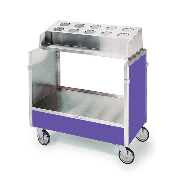A Lakeside stainless steel silverware tray cart with a purple finish and a flatware bin.