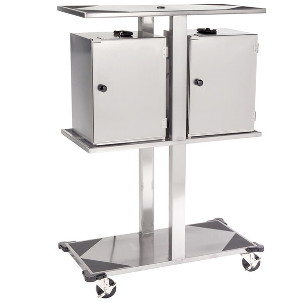 A stainless steel Lakeside food carrier box storage rack on a cart.