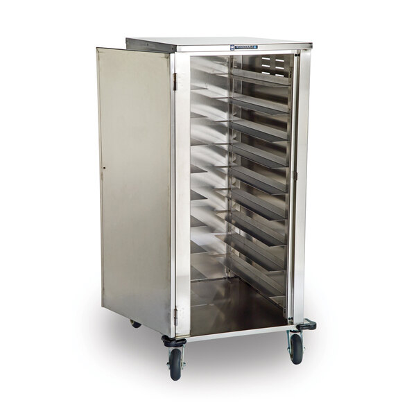 A stainless steel Lakeside tray cart with shelves and wheels.