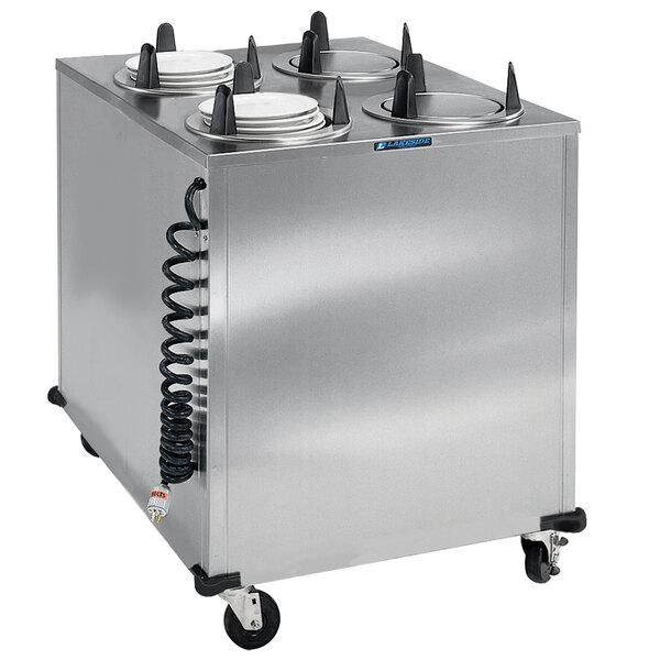 A large square stainless steel container with four round Lakeside heated dish dispensers inside.