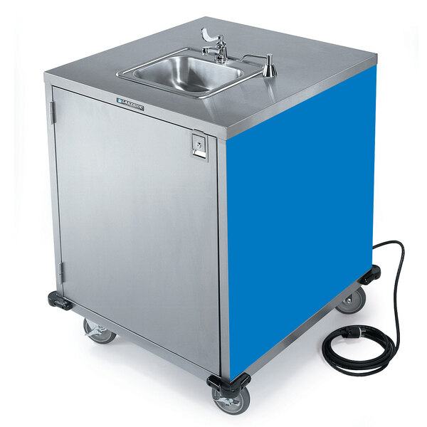 A Lakeside stainless steel hand sink cart with a blue hose.