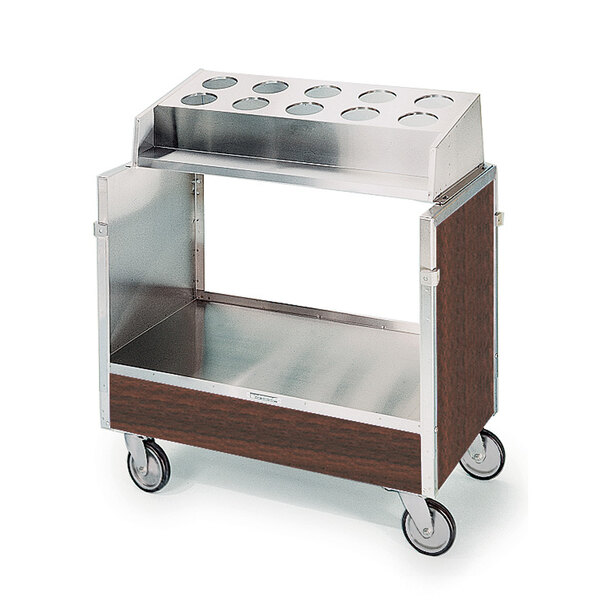 A Lakeside stainless steel and walnut wood silverware tray cart on wheels.