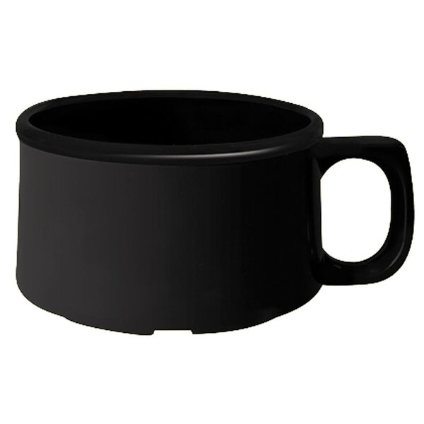 A black melamine mug with a handle.