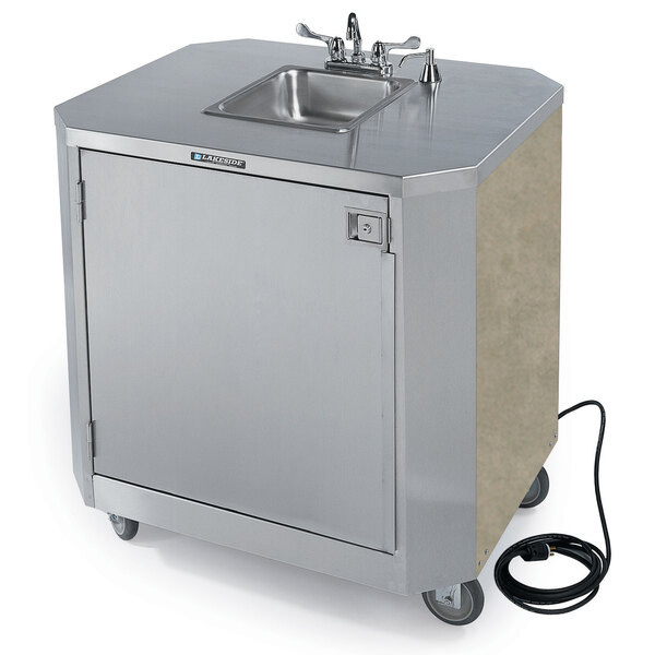 A Lakeside stainless steel hand sink cart with hot & cold water faucet and soap dispenser.