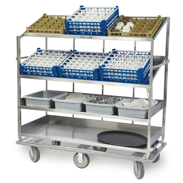 A stainless steel Lakeside dish cart with flat and angled shelves holding several baskets.