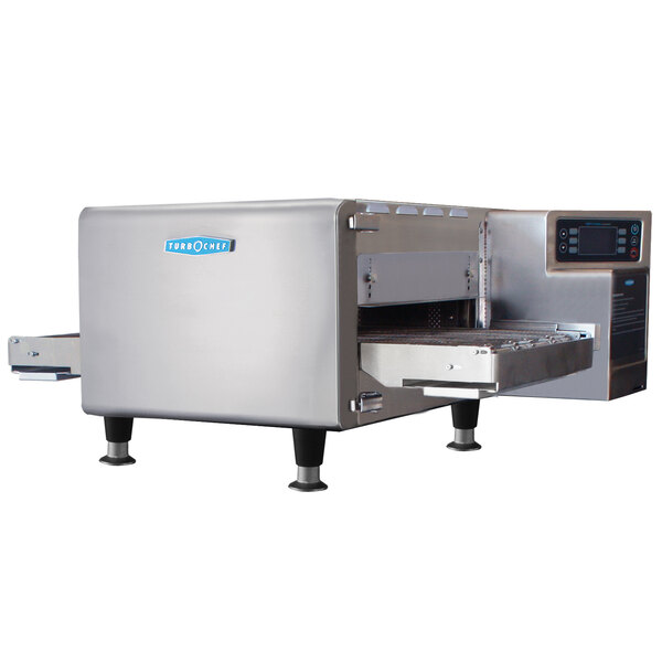 A TurboChef electric countertop conveyor oven with a stainless steel top and a screen with buttons.