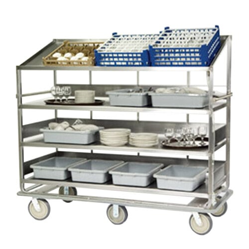 A stainless steel Lakeside dish cart with trays and bowls on it.